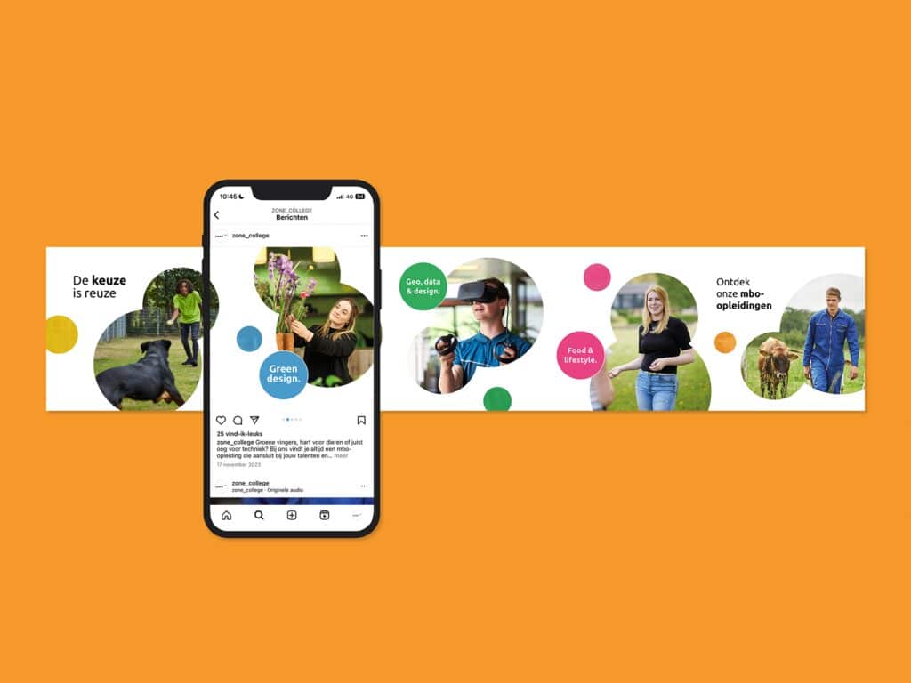 Smartphone met Instagram content formats voor Zone College op een oranje achtergrond.