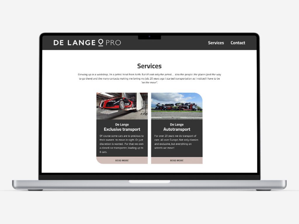 Website ontwikkeling voor de Lange Pro transport. Een simplistisch webdesign met voornamelijk wit en een lichte taupe kleur.