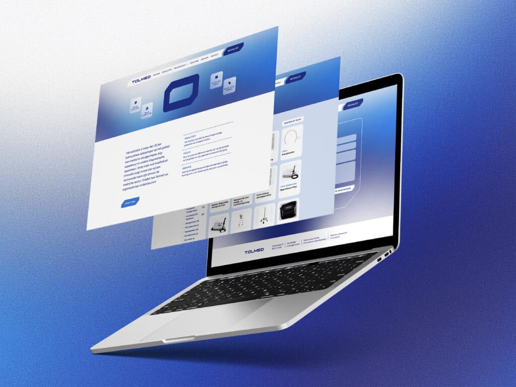 Strak website ontwerp voor bedrijf Tolmed in overheersend blauw en witte kleur met logo.