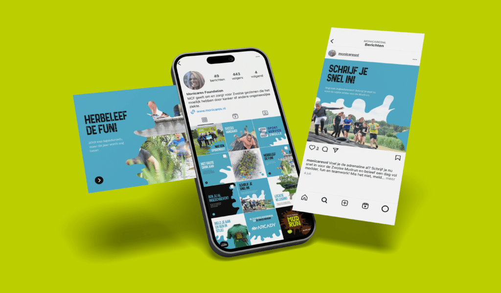 Social media campagne voor de Zwolse Mudrun 2024 van Monicares Foundation met visuele content voor online promotie.