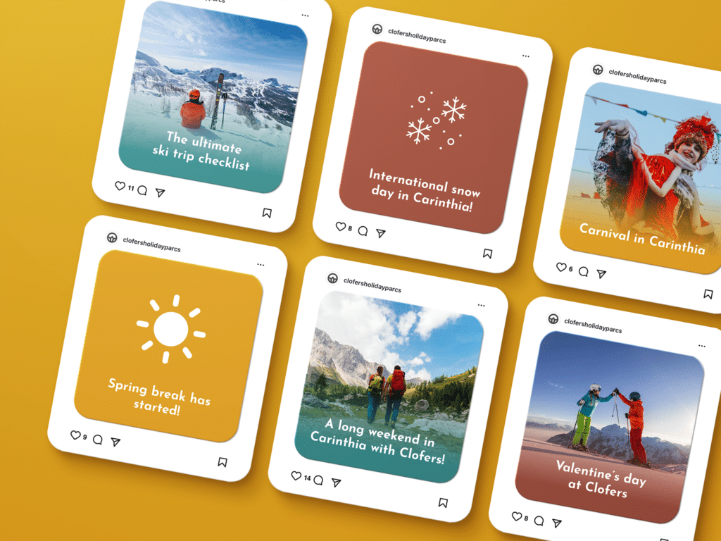 6 verschillende afbeeldingen van content creaties voor Clofers op Instagram met oranje, blauwgroen en roestbruine kleuren.